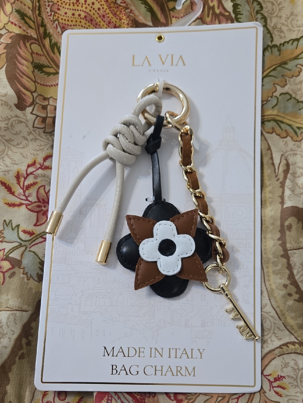 La Via Floral Leather Bag Charm in Brown, Black & White Made In Italy